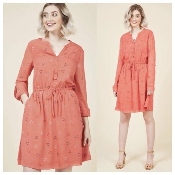 ModCloth Dresses & Skirts - Modcloth Women’s Wishbone Coral Sheer Tab Sleeves Tie Waist Dress Medium